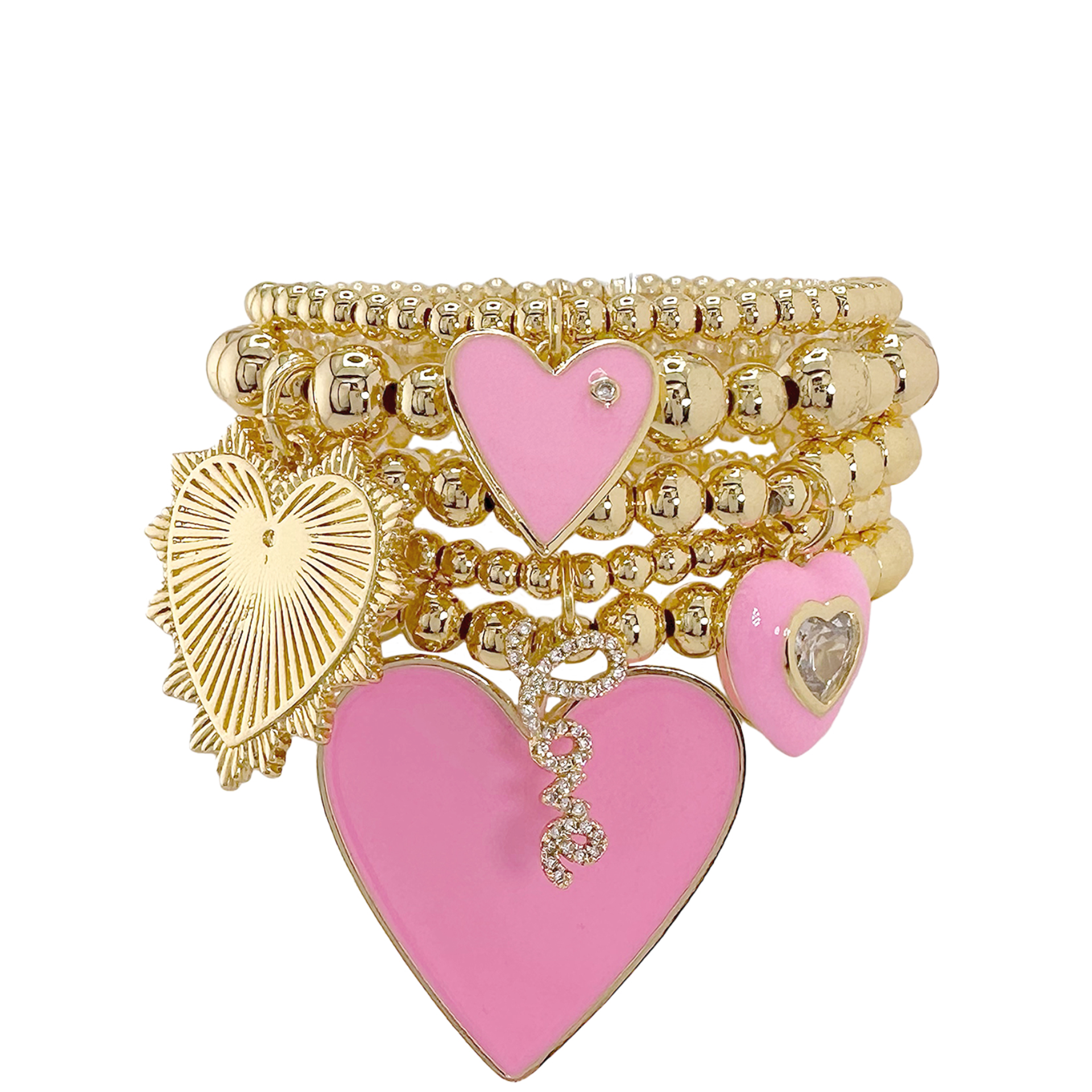 Pink Heart Bracelet Stack Gold Beaded Love Bracelet Set display picture 1