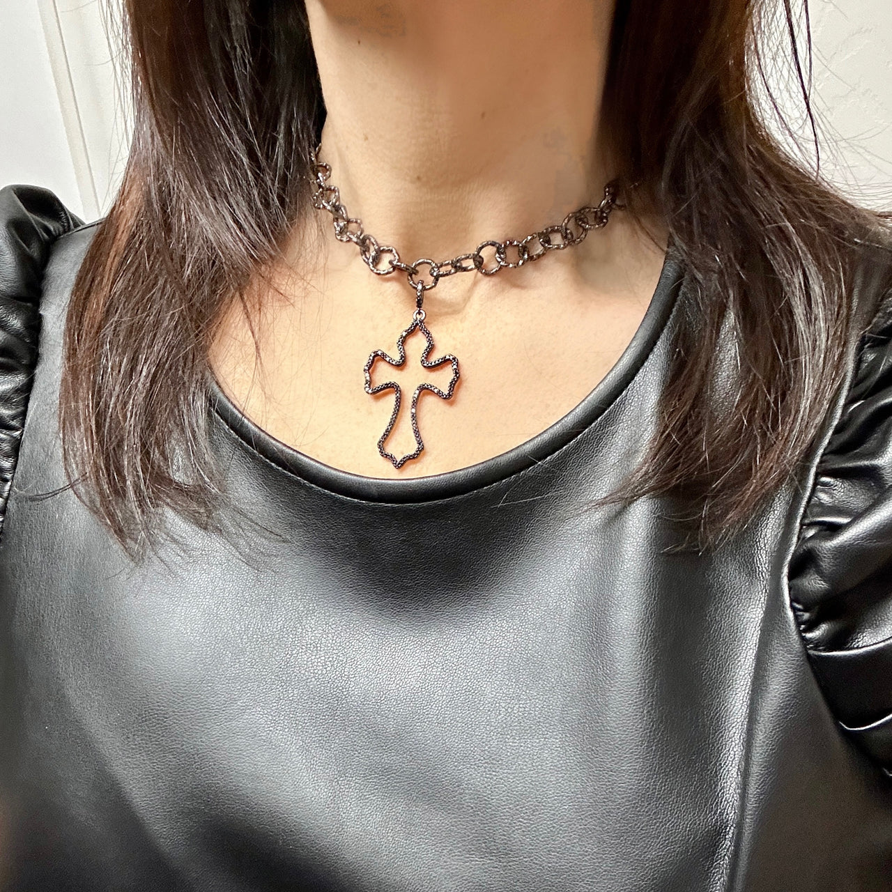 Tabitha Outline Cross Pave Choker Necklace