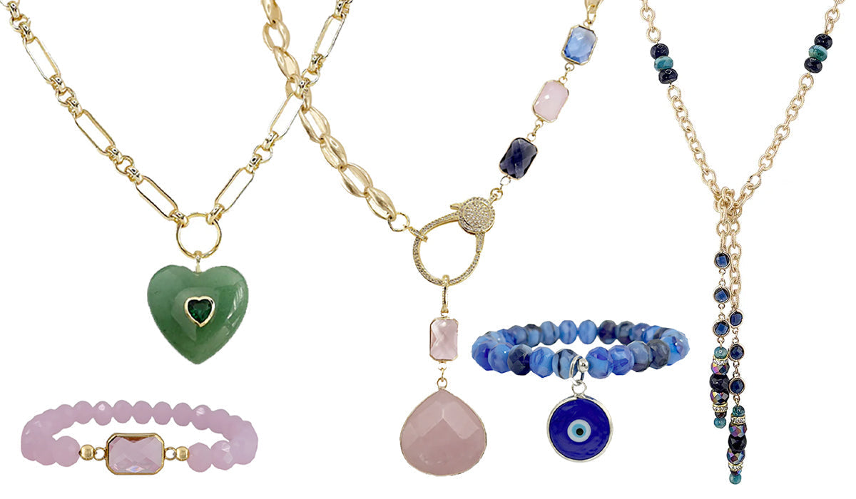 Natural gemstone jewelry collection featuring rose quartz necklace green gemstone heart necklace and stretch gemstone bracelets