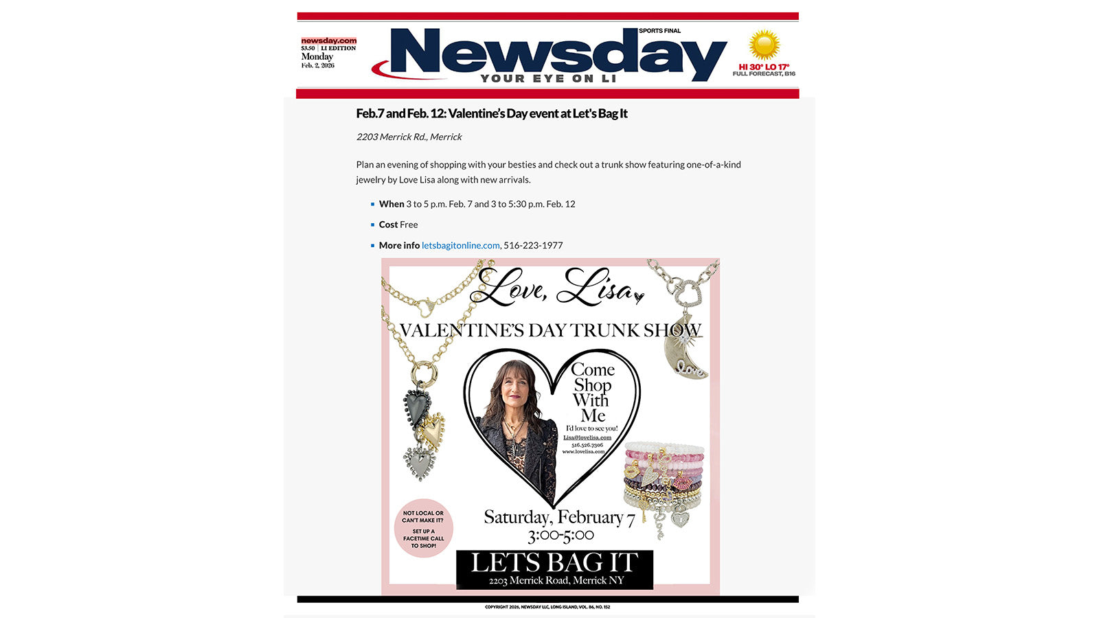 Valentines Day jewelry trunk show editorial Newsday featuring Love Lisa jewelry at Lets Bag It Merrick