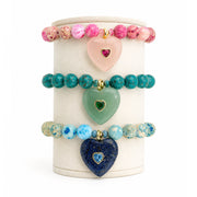 Love Lisa Endless Heart Gemstone Heart Beaded Bracelets displayed in Blue, Green, and Pink with fossil gemstone beads, gold-tone accents, and gemstone heart pendants