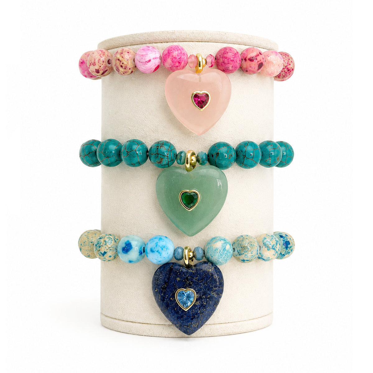 Love Lisa Endless Heart Gemstone Heart Beaded Bracelets displayed in Blue, Green, and Pink with fossil gemstone beads, gold-tone accents, and gemstone heart pendants