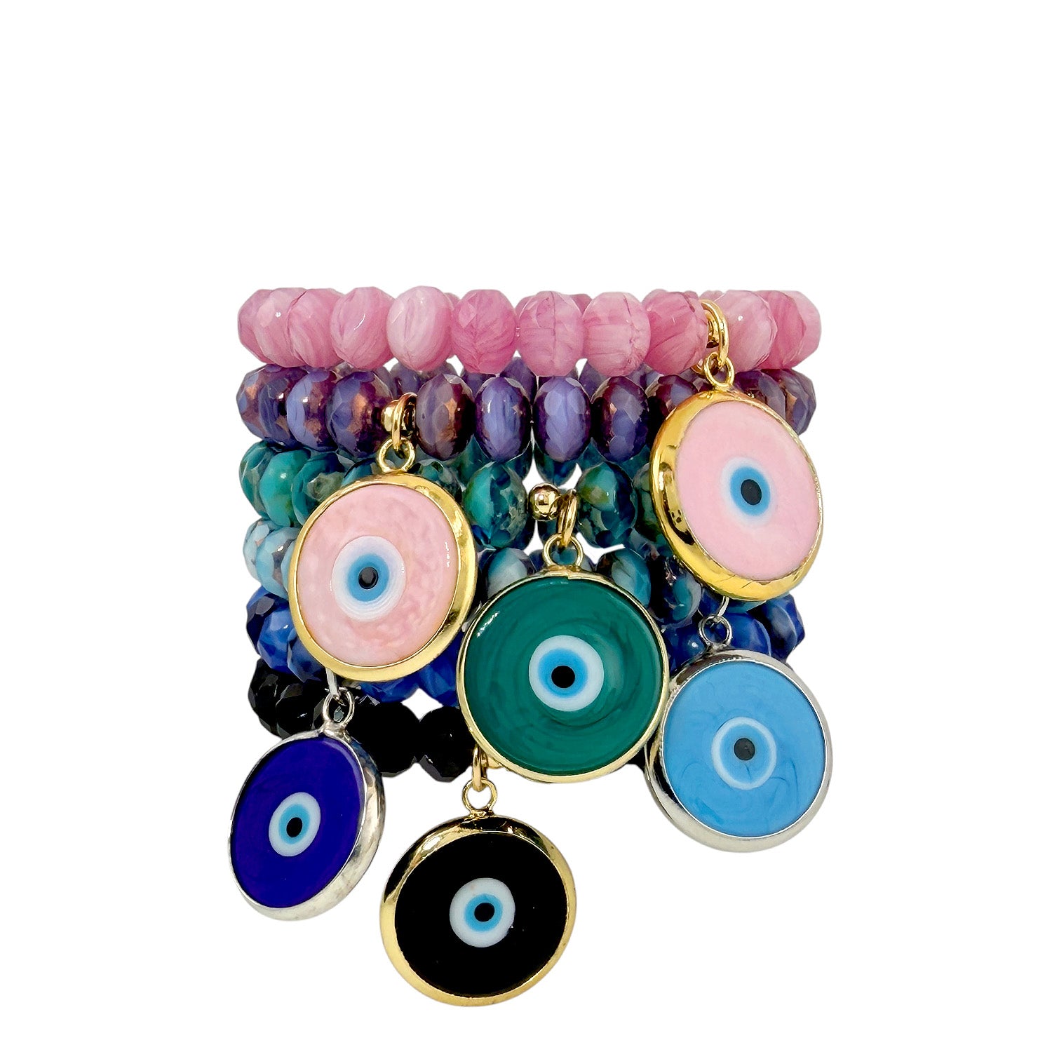 Stacked Murano glass evil eye bracelets in mixed colors