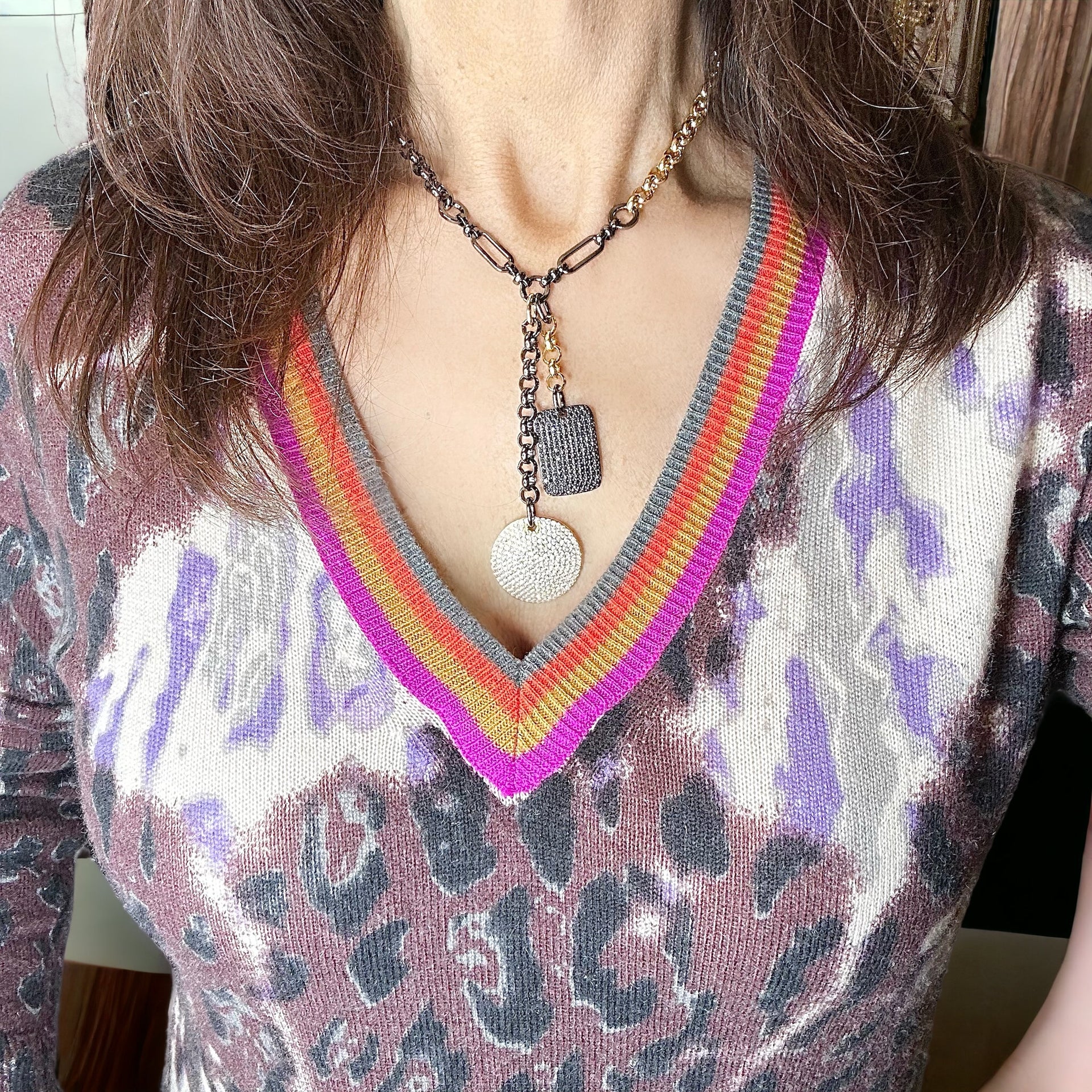 Love Lisa silver dog tag disc pendant necklace statement necklace layered look gift for her