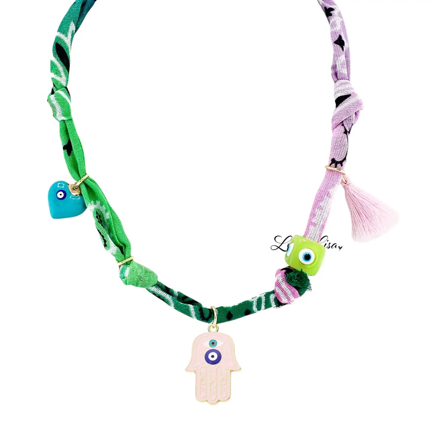 Colorful braided necklace with eye-shaped charms and tassels on a white background