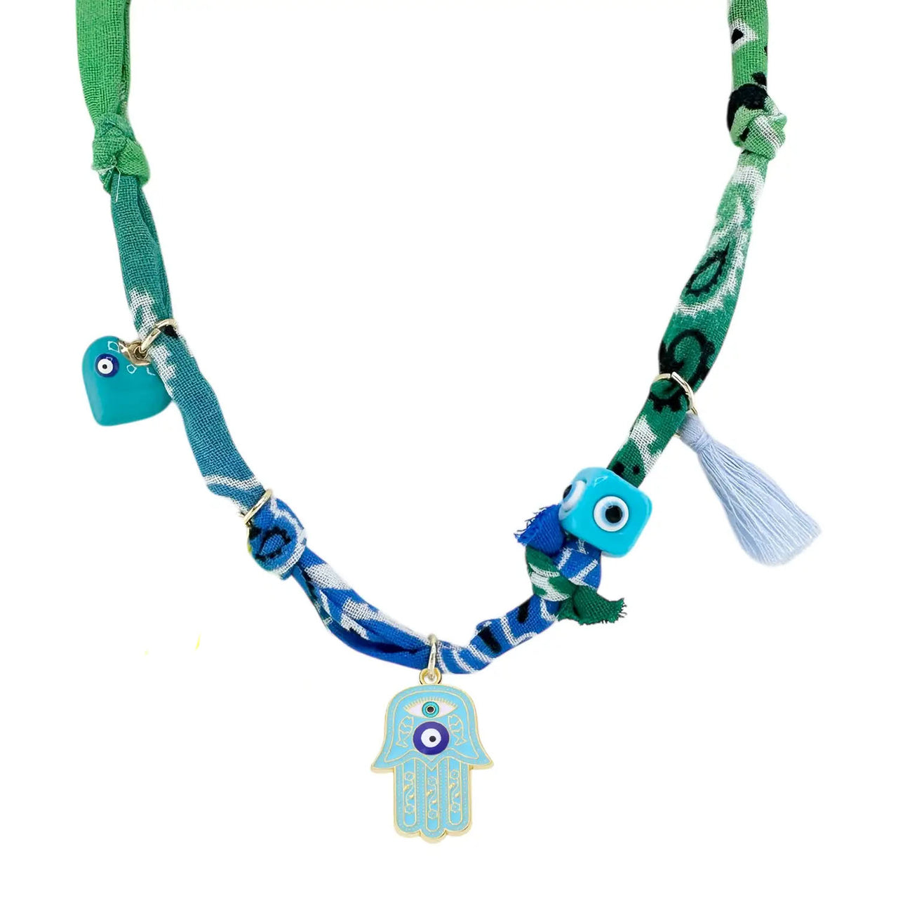 Kaileen bandana necklace with blue Hamsa charm, evil eye beads, blue tassels on green/blue fabric