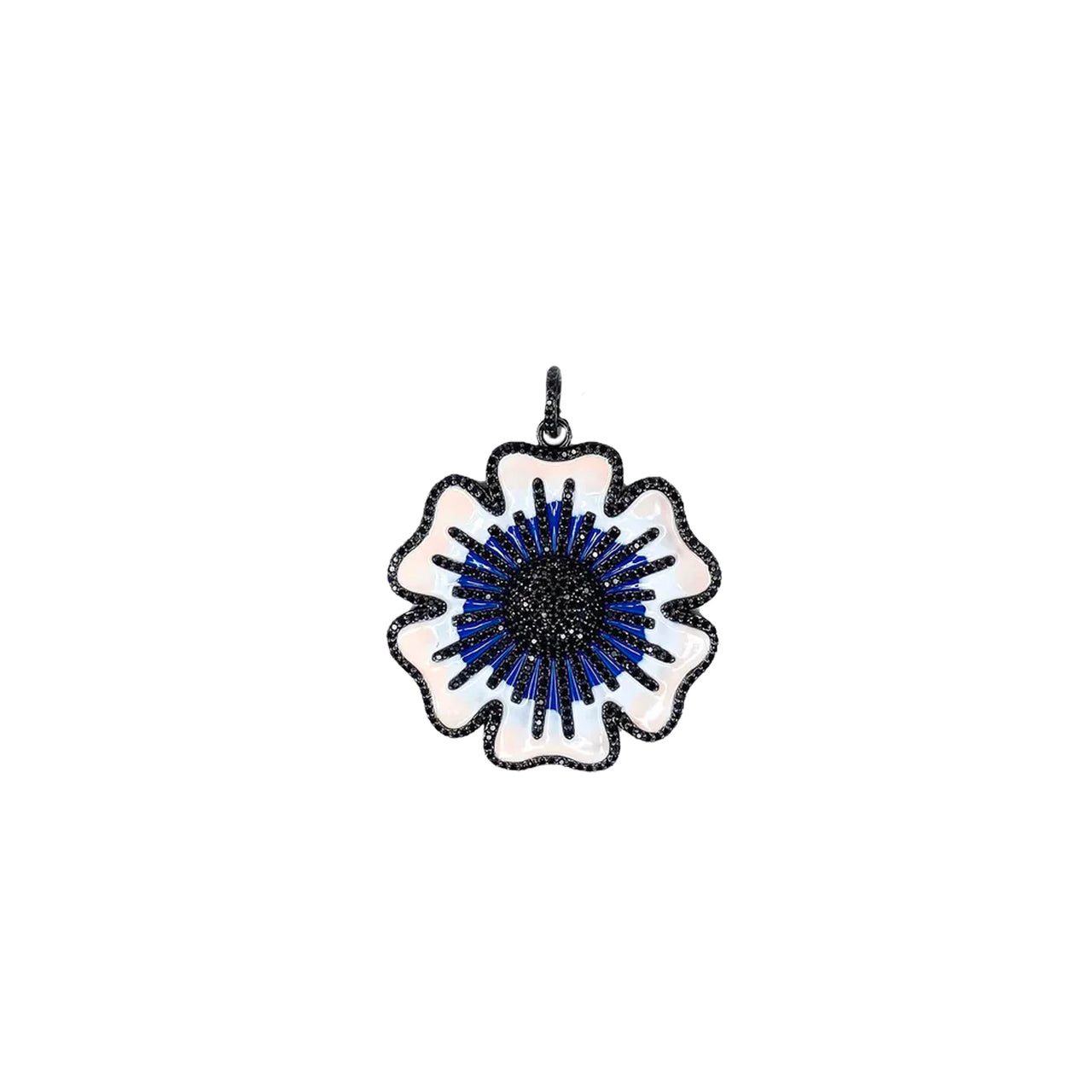 Martina Flower Charm in black gunmetal with sapphire blue enamel and pavé border
