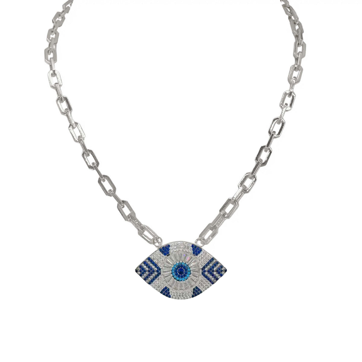 patricias paperclip eye necklace silver blue crystal evil eye pendant jewelry