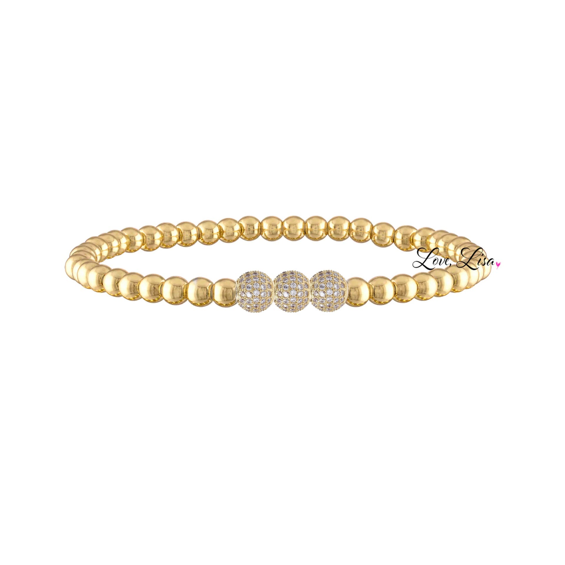 Triple pave beads on gold bracelet