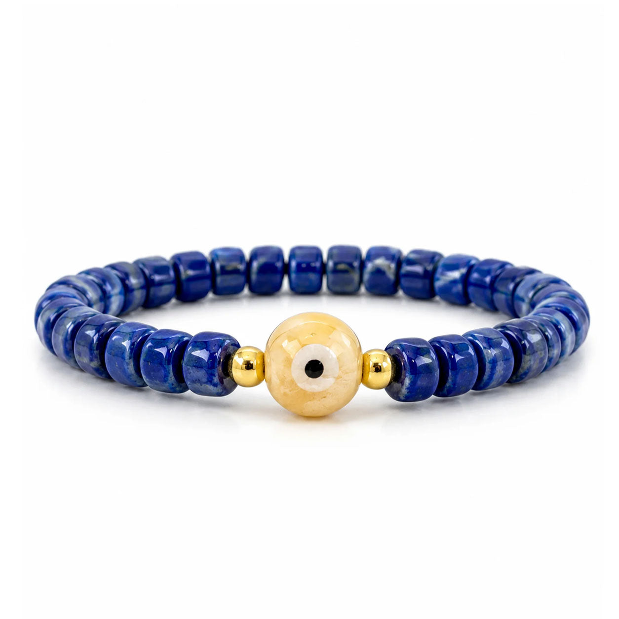 Sienna Ceramic Evil Eye Stretch Bracelet in navy with glossy 6mm ceramic beads gold-tone accents and ceramic evil eye focal bead