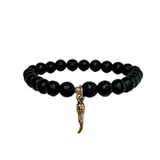 mens black gemstone beaded bracelet gold cornicello charm