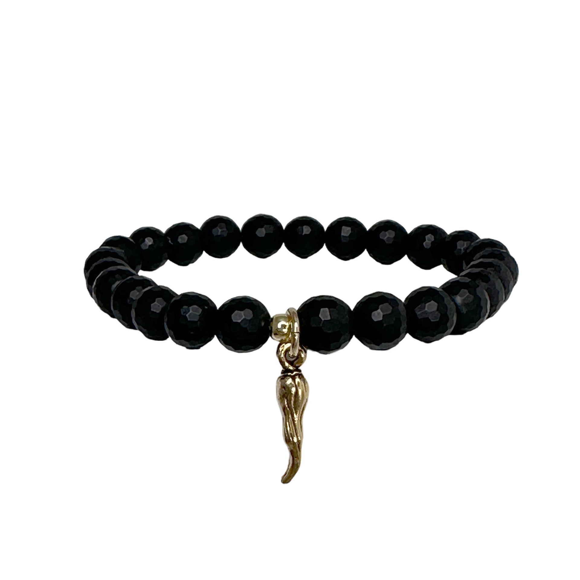 mens black gemstone beaded bracelet gold cornicello charm