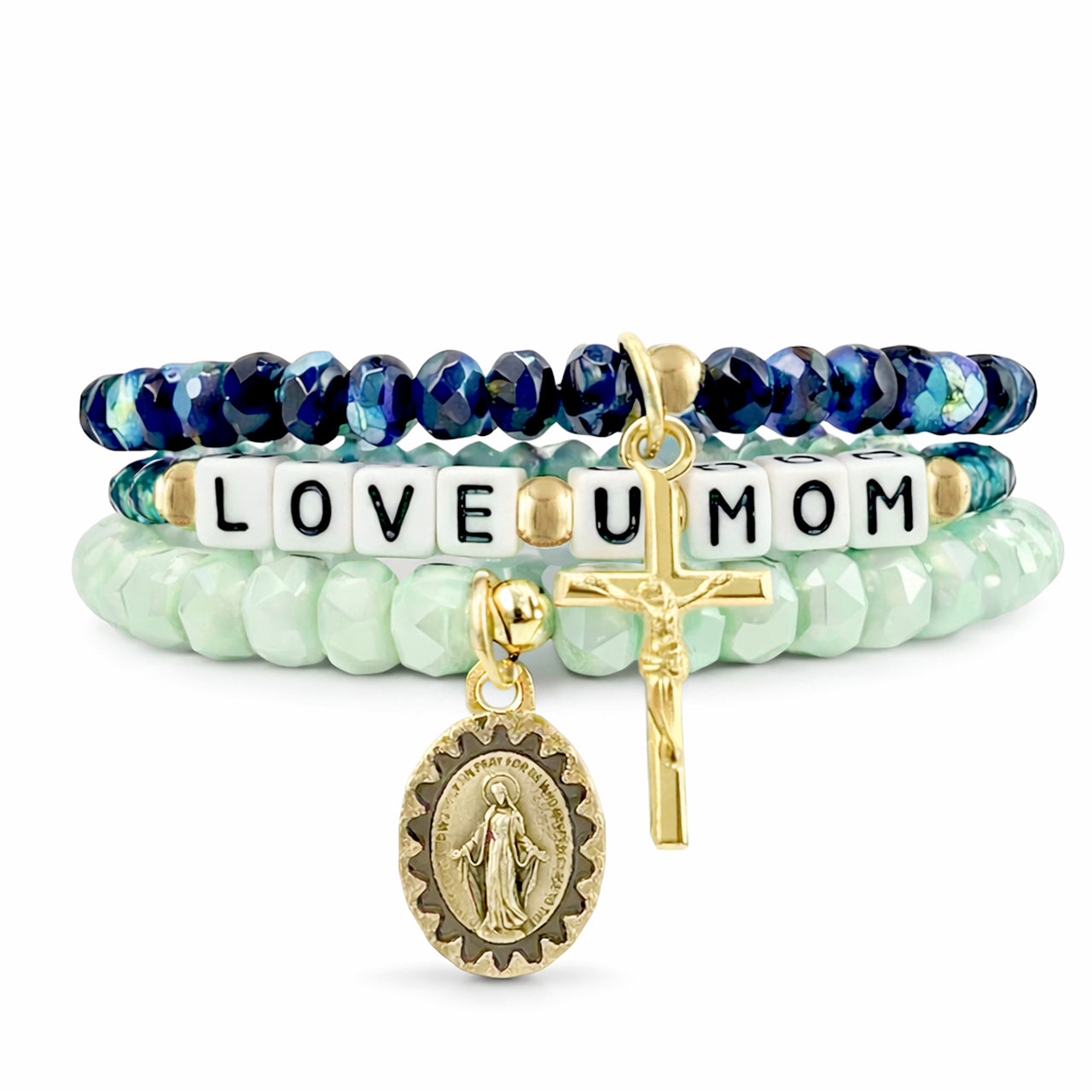 abigail love you mom faith bracelet stack mint navy Czech glass bead bracelet set with cross charm and medal detail
