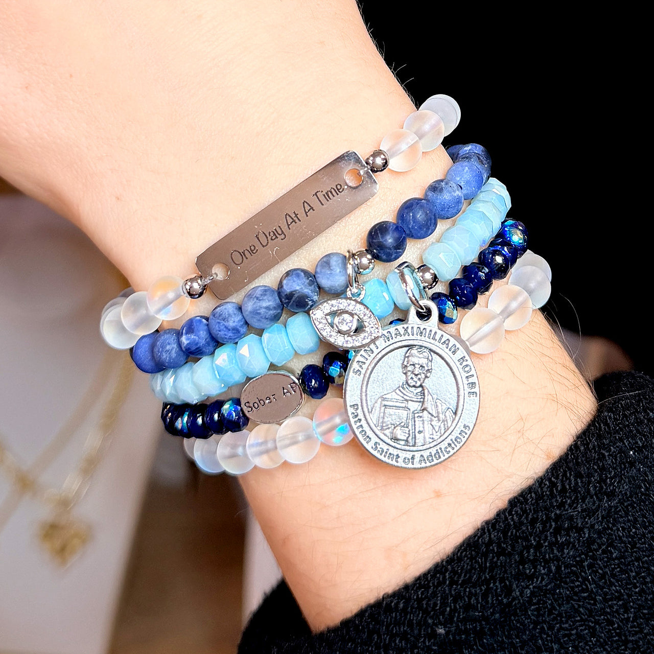 One Day At A Time Sobriety Bracelet Stack