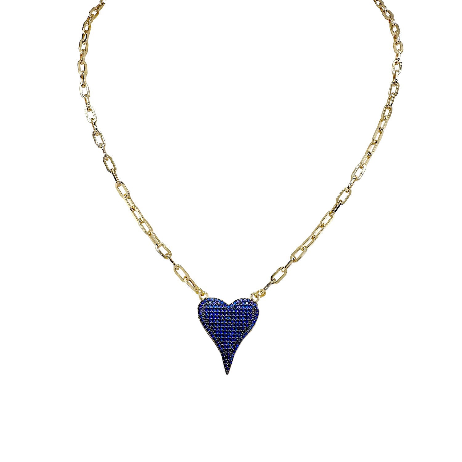 A gold-colored necklace with a paperclip chain and a heart-shaped pendant with blue crystals.