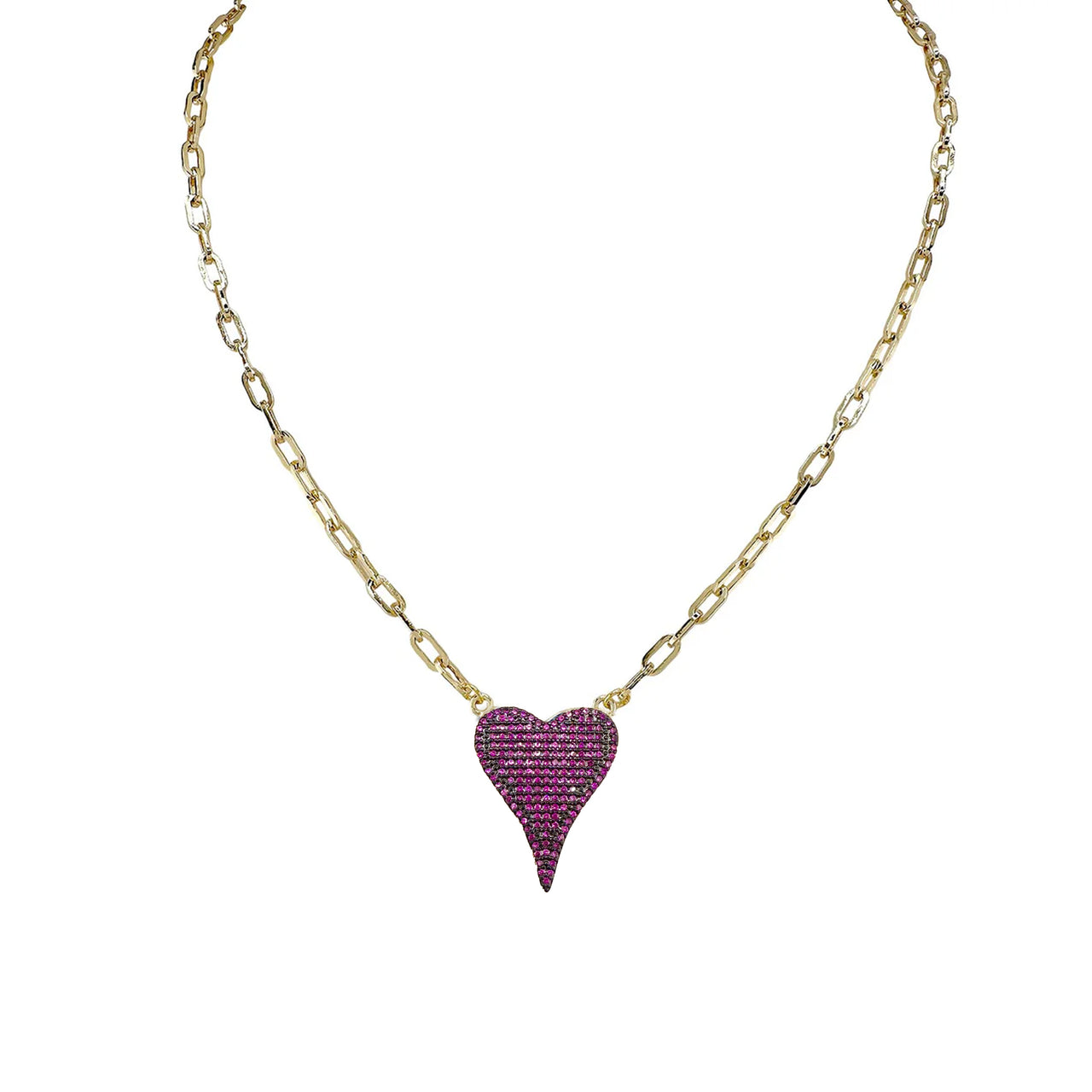 A gold-colored necklace with a paperclip chain and a heart-shaped pendant with pink crystals.
