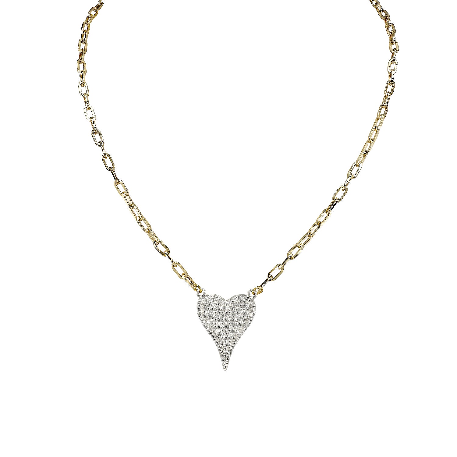 A gold-colored necklace with a paperclip chain and a heart-shaped pendant with silver crystals.