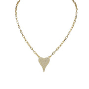 A gold-colored necklace with a paperclip chain and a heart-shaped pendant with gold crystals.