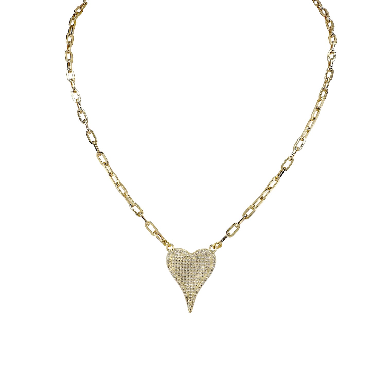 A gold-colored necklace with a paperclip chain and a heart-shaped pendant with gold crystals.