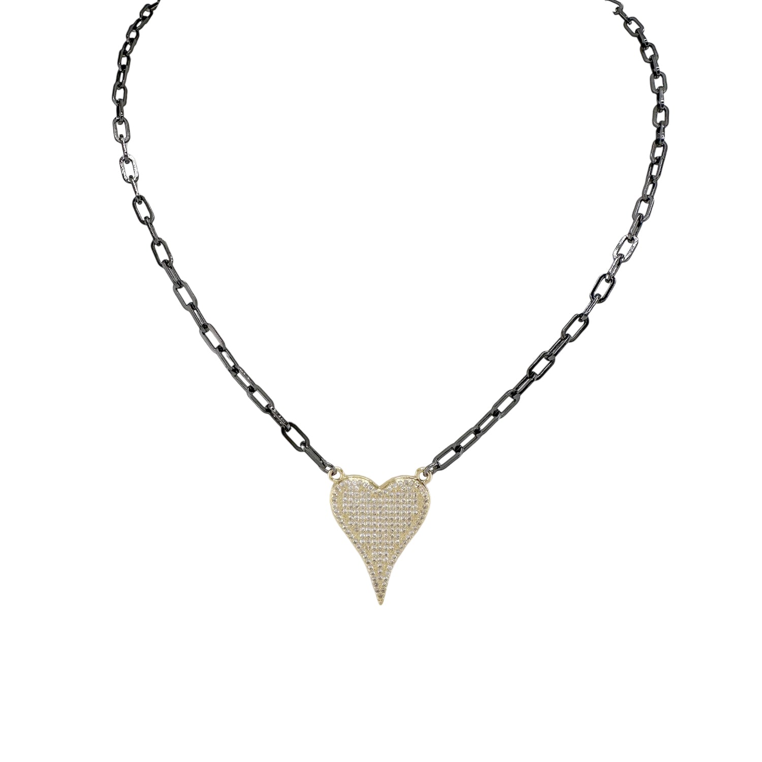 A gunmetal colored necklace with a paperclip chain and a heart-shaped pendant with gold crystals.
