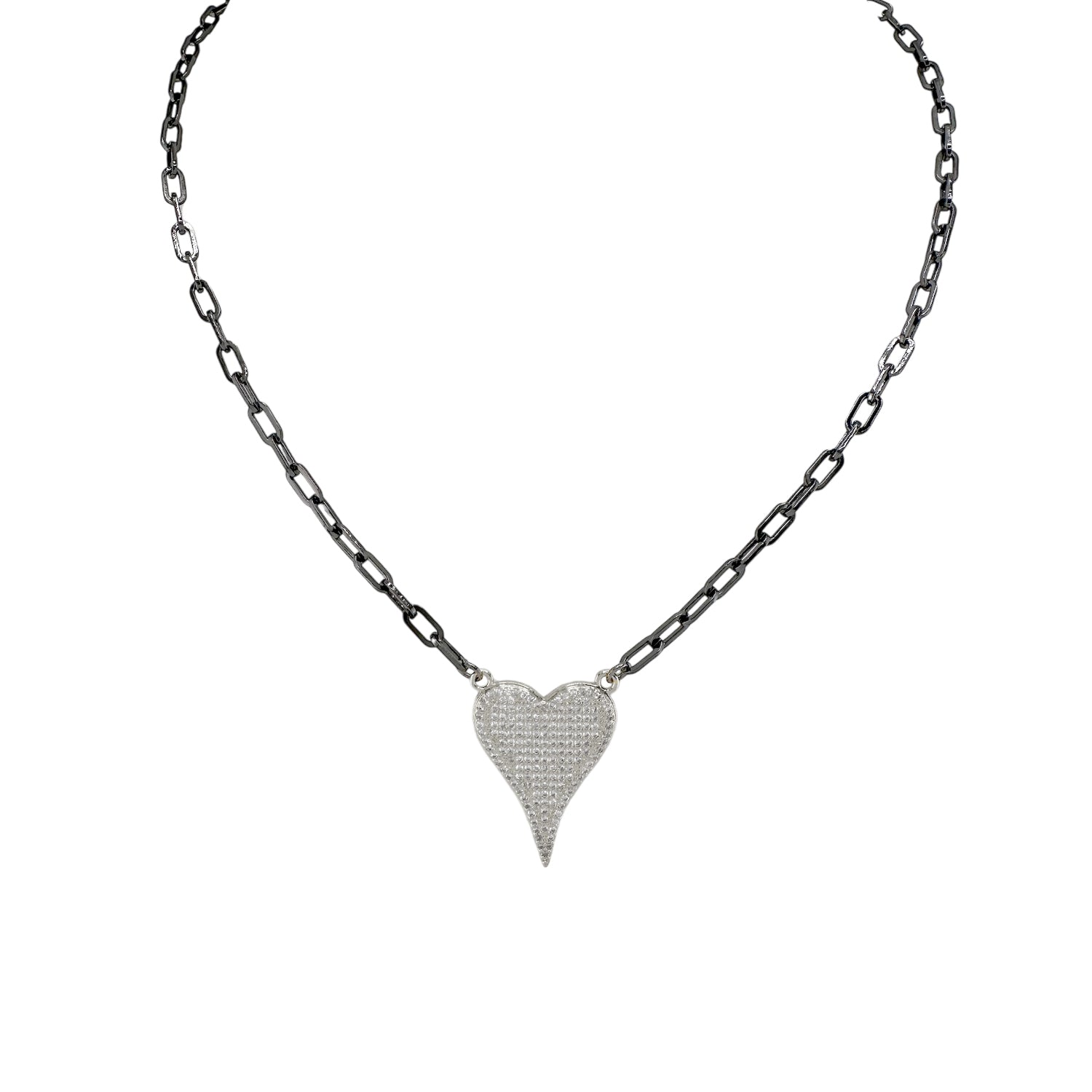 A gunmetal-colored necklace with a paperclip chain and a heart-shaped pendant with silver crystals.