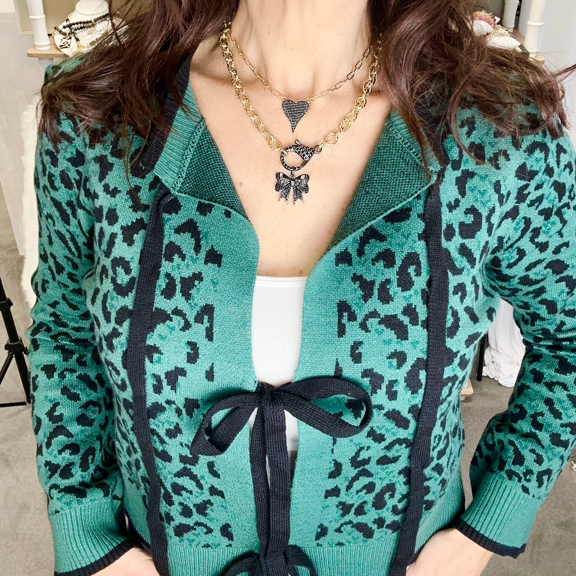 Alt: Model wearing Love Lisa Aimee Paperclip Heart Necklace pavé heart
