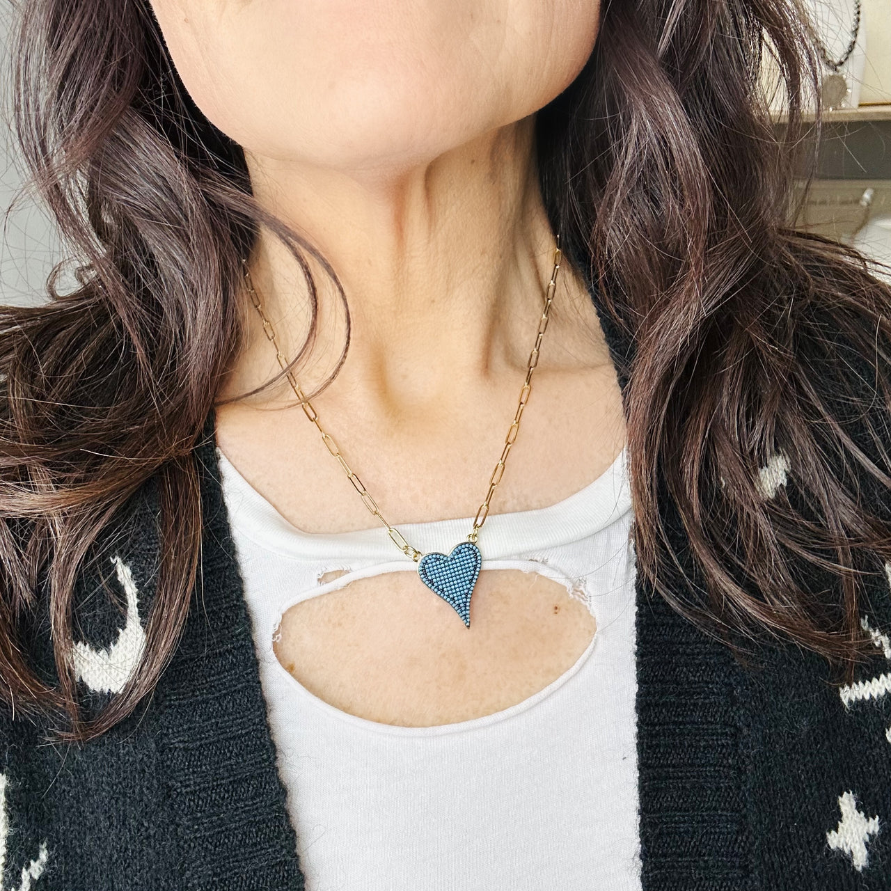 Alt: Model wearing Love Lisa Aimee Paperclip Heart Necklace pavé heart
