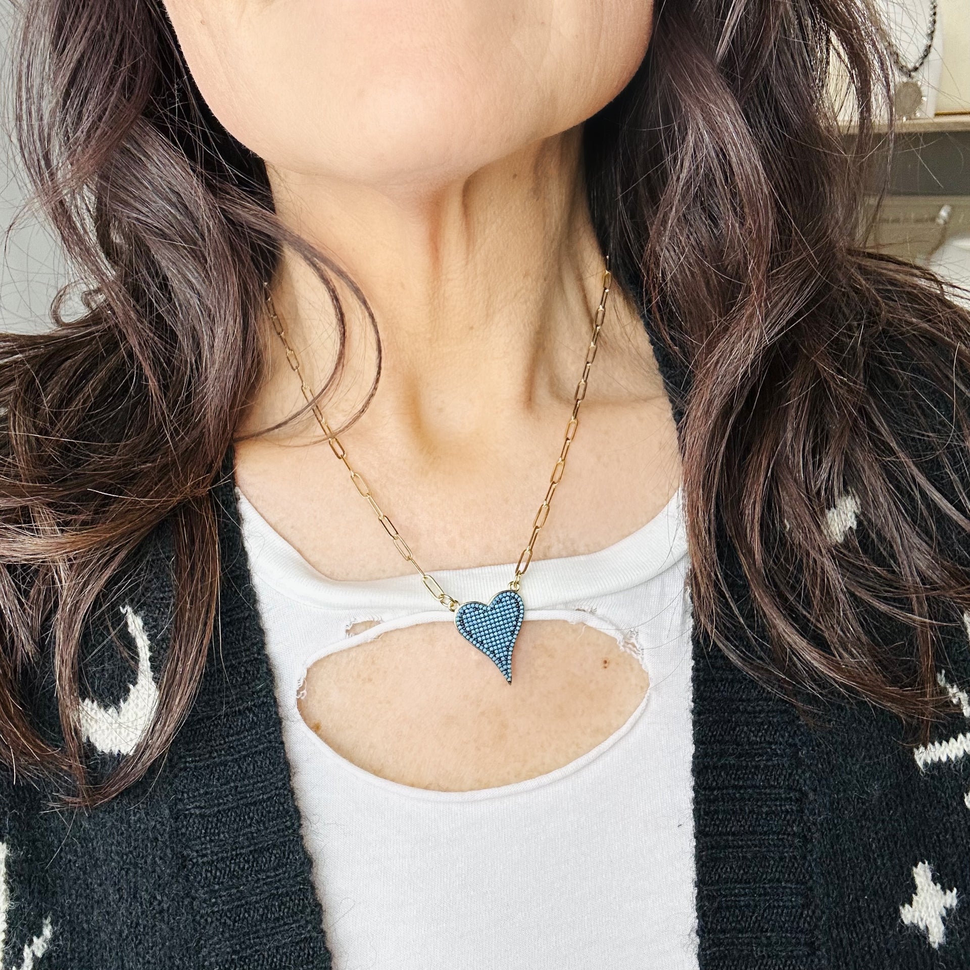 Alt: Model wearing Love Lisa Aimee Paperclip Heart Necklace pavé heart