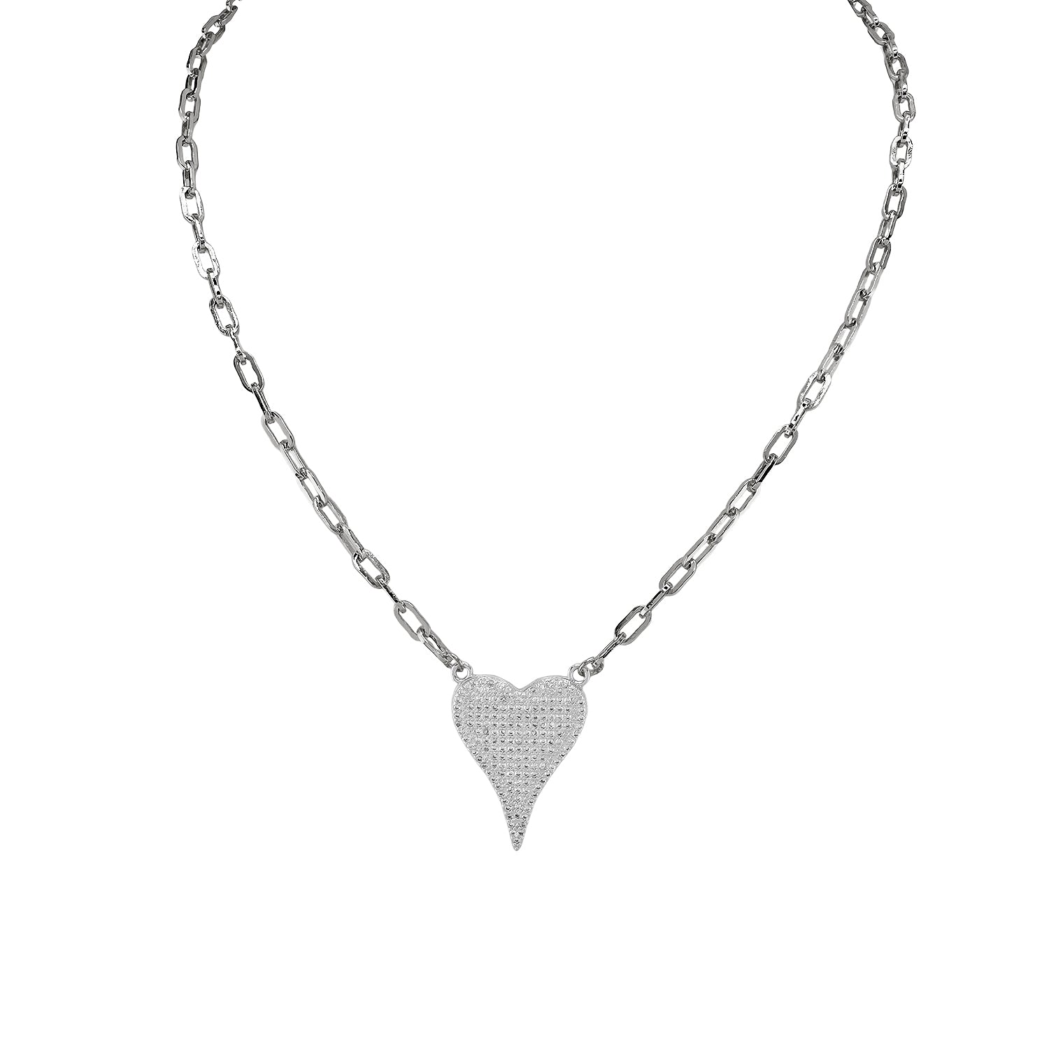 A silver-colored necklace with a paperclip chain and a heart-shaped pendant with silver crystals.