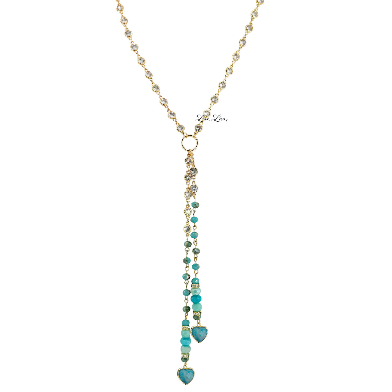 Love Lisa Alessia amazonite heart gemstone necklace with cascading faceted amazonite heart gemstones and elongated drop design