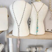 Love Lisa Alessia amazonite heart gemstone drop necklace displayed on jewelry bust featuring cascading amazonite heart stones