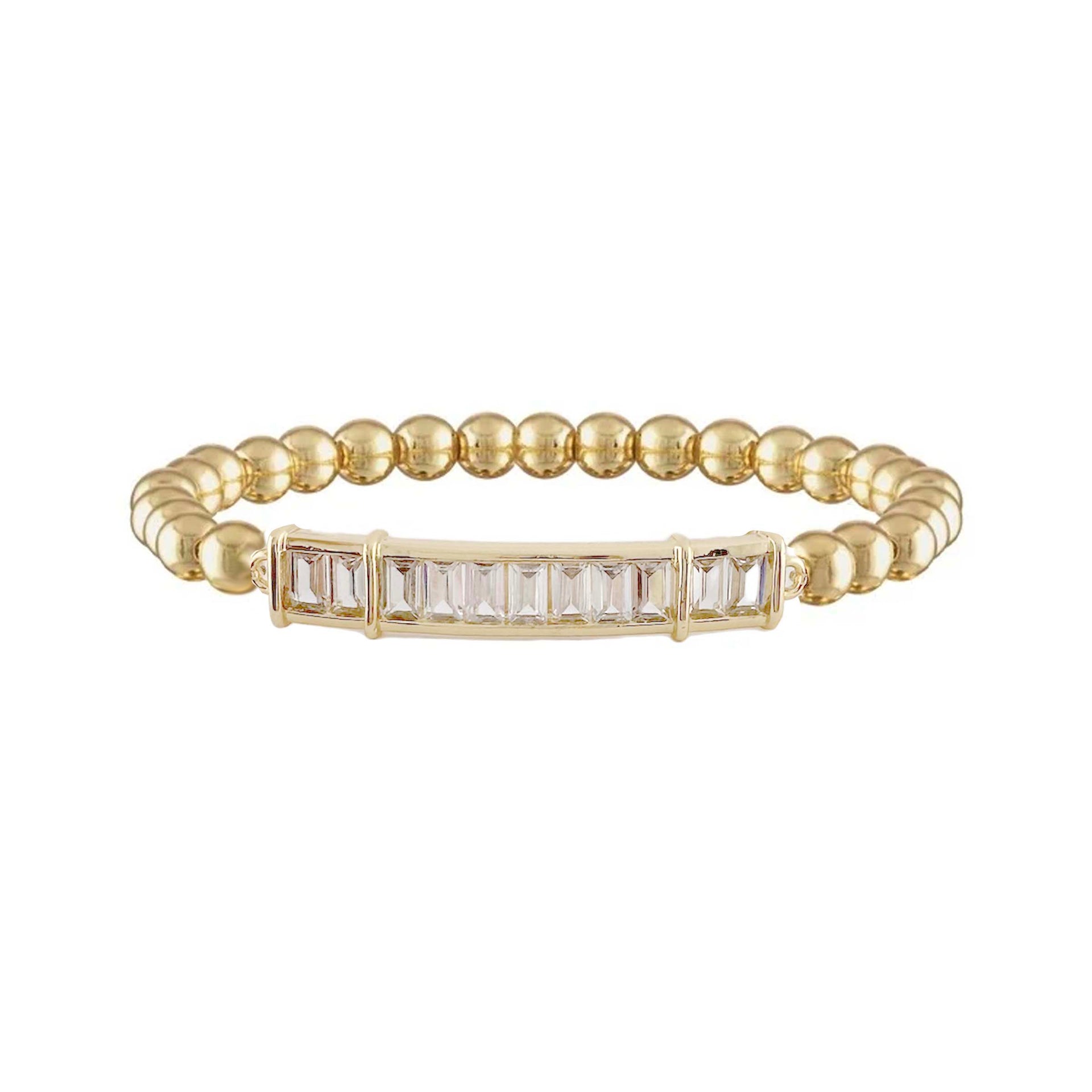 Gold Alicia Baguette Bar Bracelet made with 5mm beads and crystal baguette bar, 6.85" stretch design – Love, Lisa Jewelry