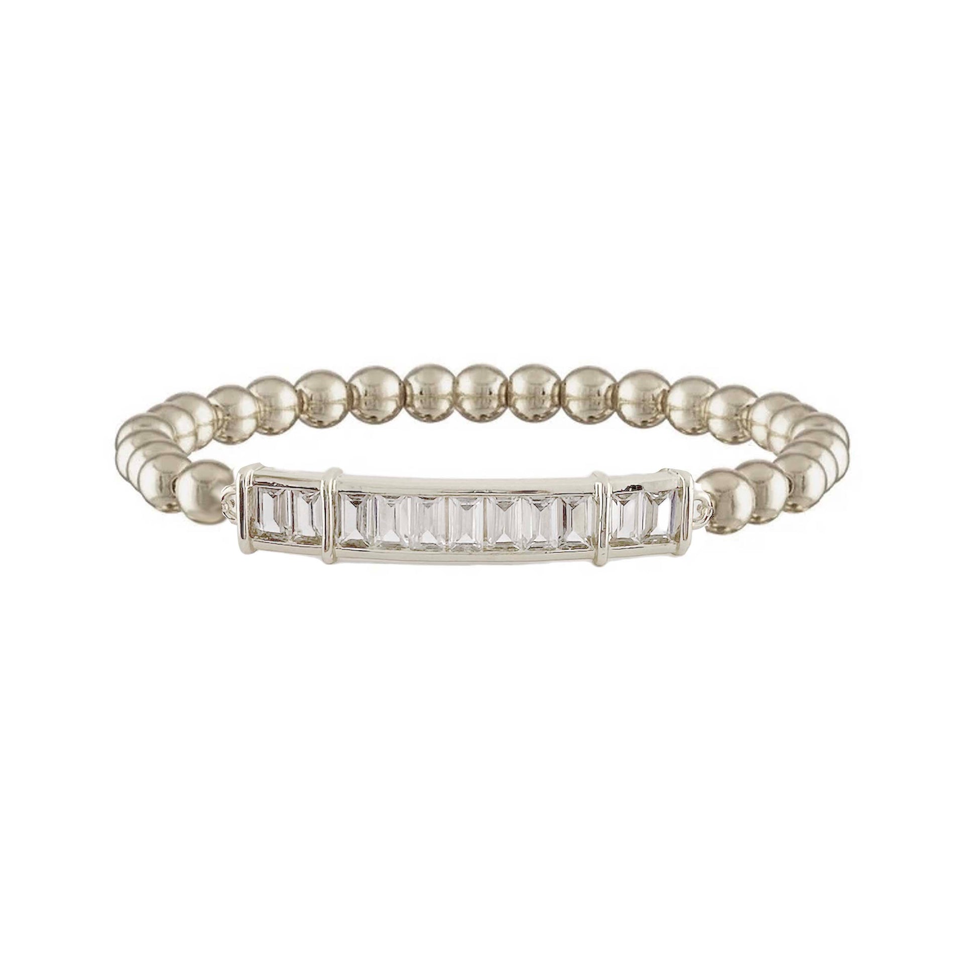 Alicia Baguette Bar Bracelet stacked with other Love, Lisa bracelets, 5mm beads and crystal bar