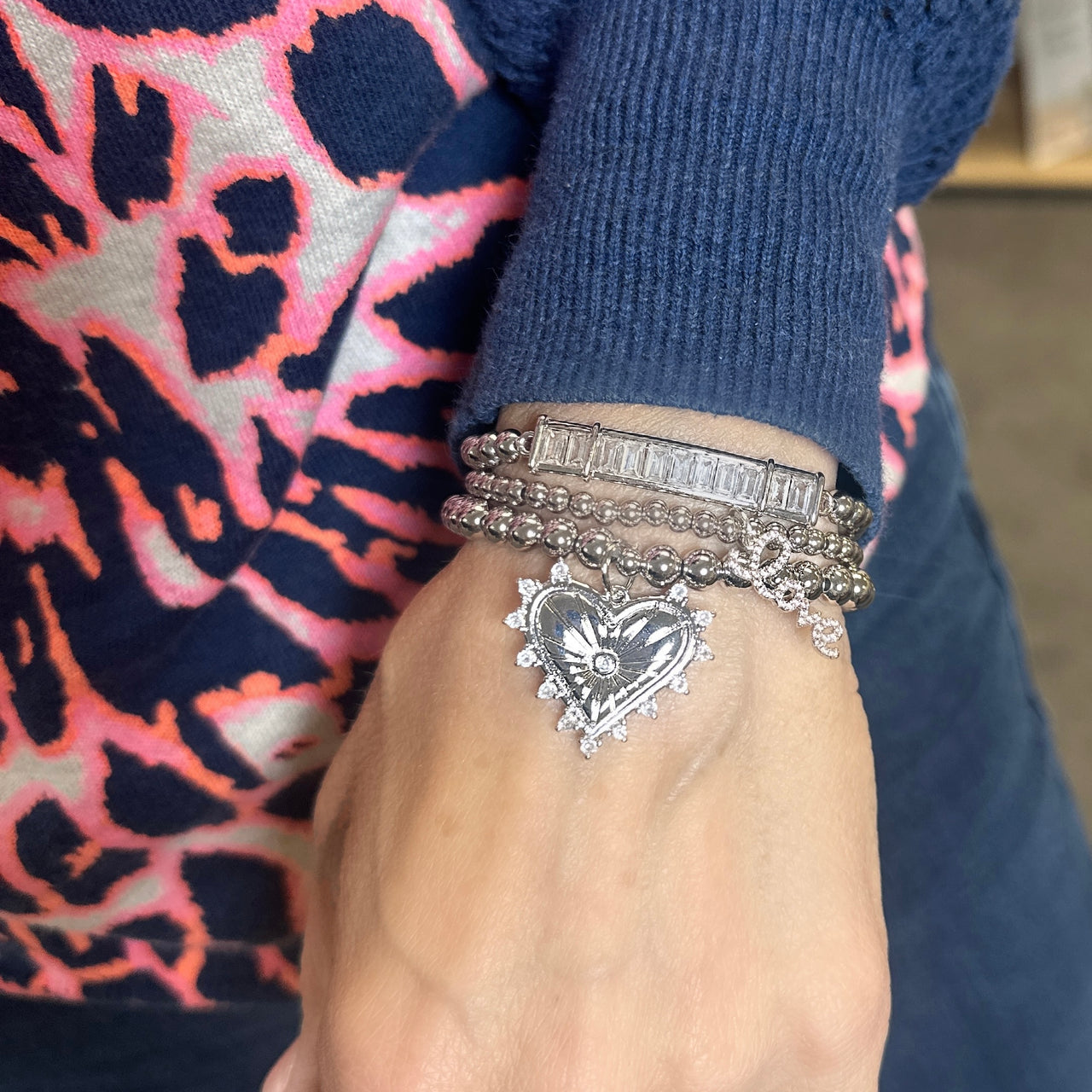 Alicia baguette beaded bracelet in silver on a model