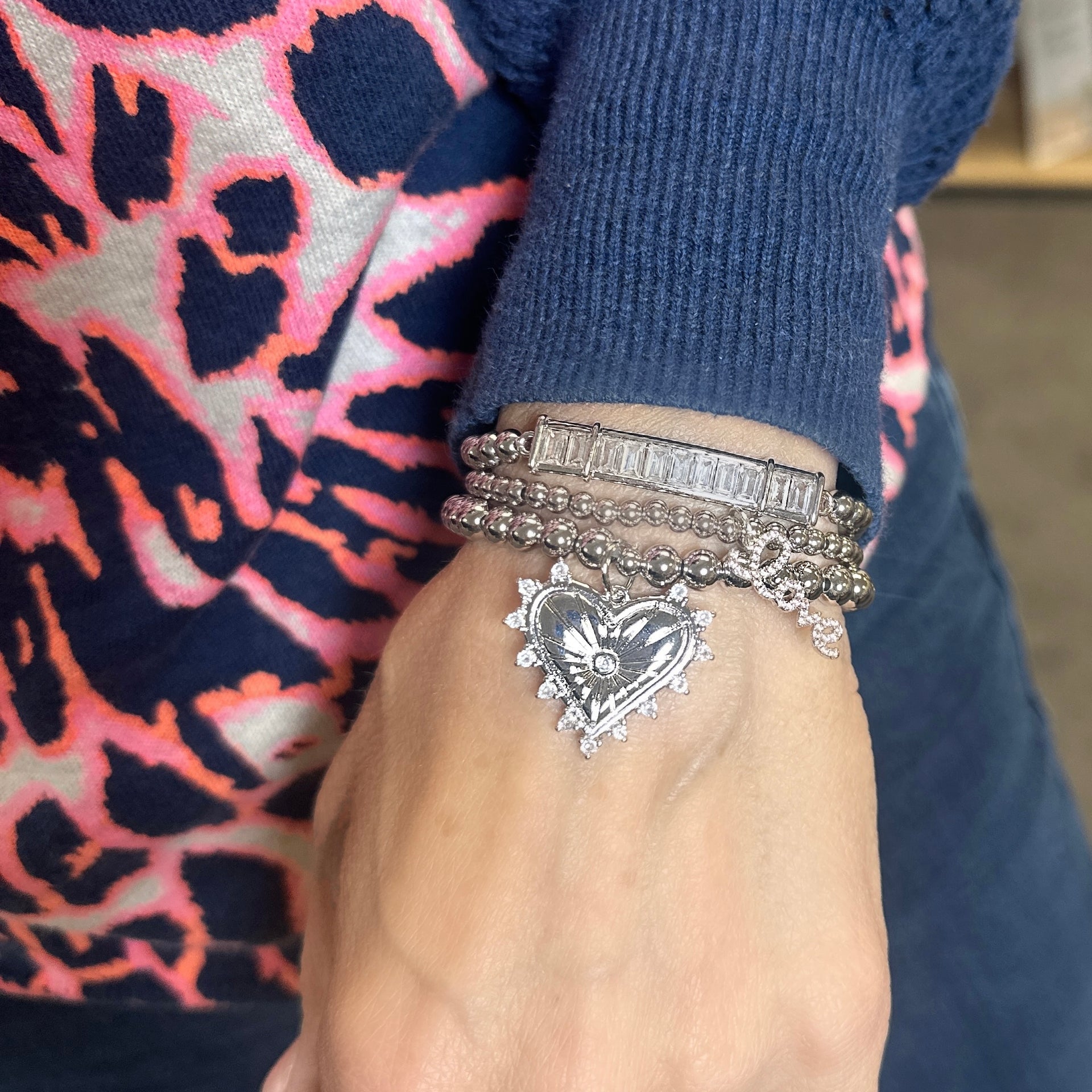 Alicia baguette beaded bracelet in silver on a model