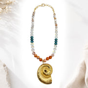 Capri Sunset Amalfi shell gemstone necklace with faceted stones gold shell pendant and coastal summer styling