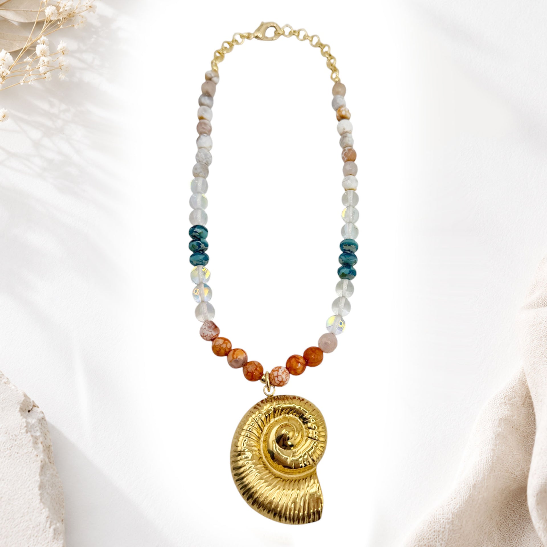 Capri Sunset Amalfi shell gemstone necklace with faceted stones gold shell pendant and coastal summer styling