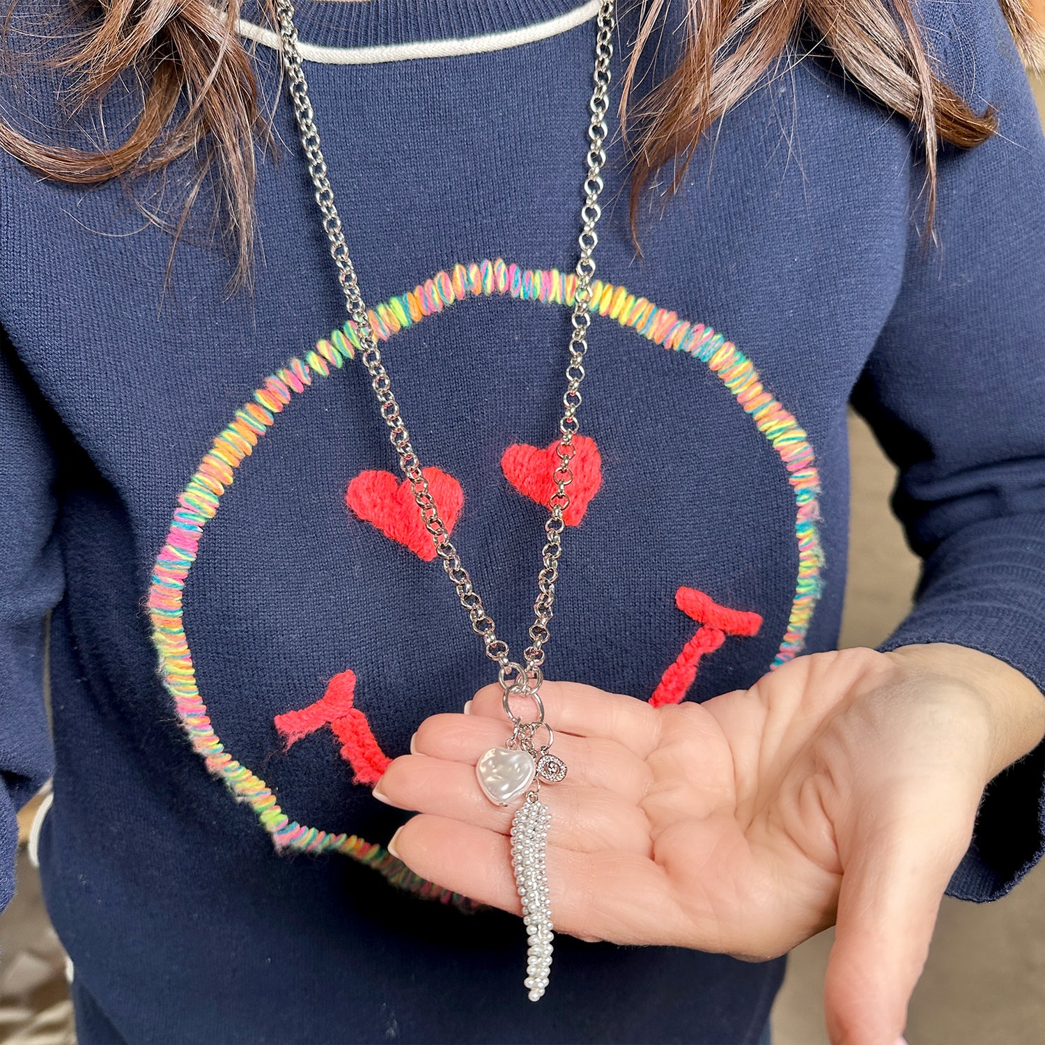 Amalfi charm trio necklace silver with pearl horn heart and evil eye