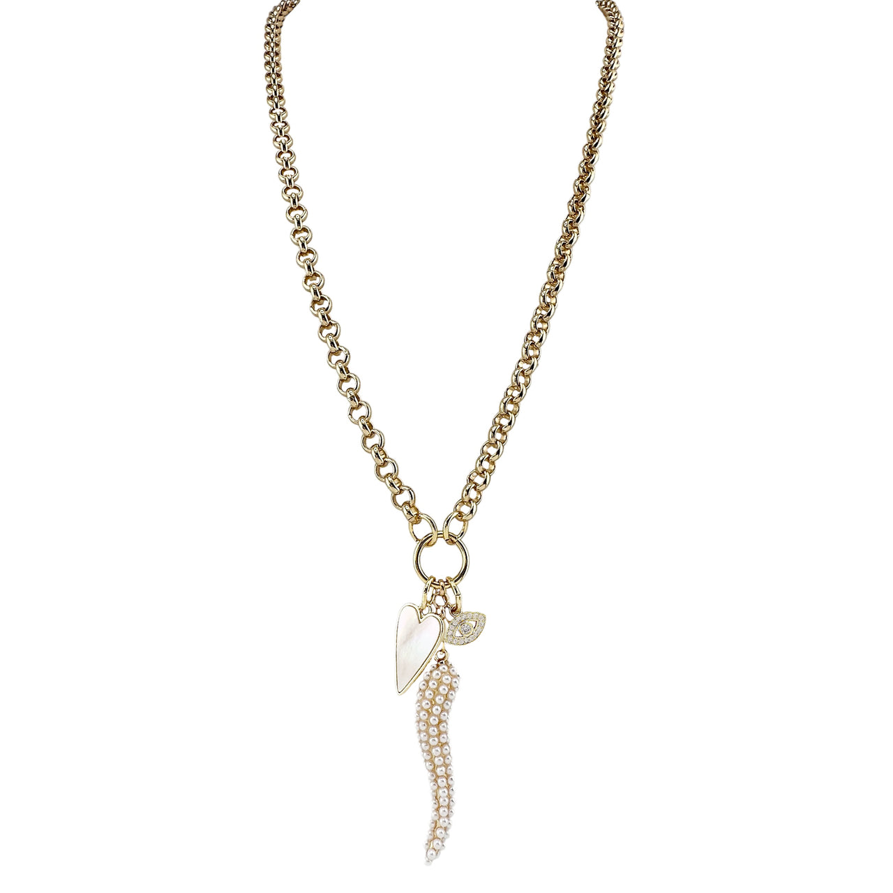 Gold necklace with pearl Italian horn, mother of pearl heart, and evil eye charm on 30-inch chain