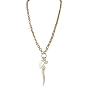 Gold necklace with pearl Italian horn, mother of pearl heart, and evil eye charm on 30-inch chain