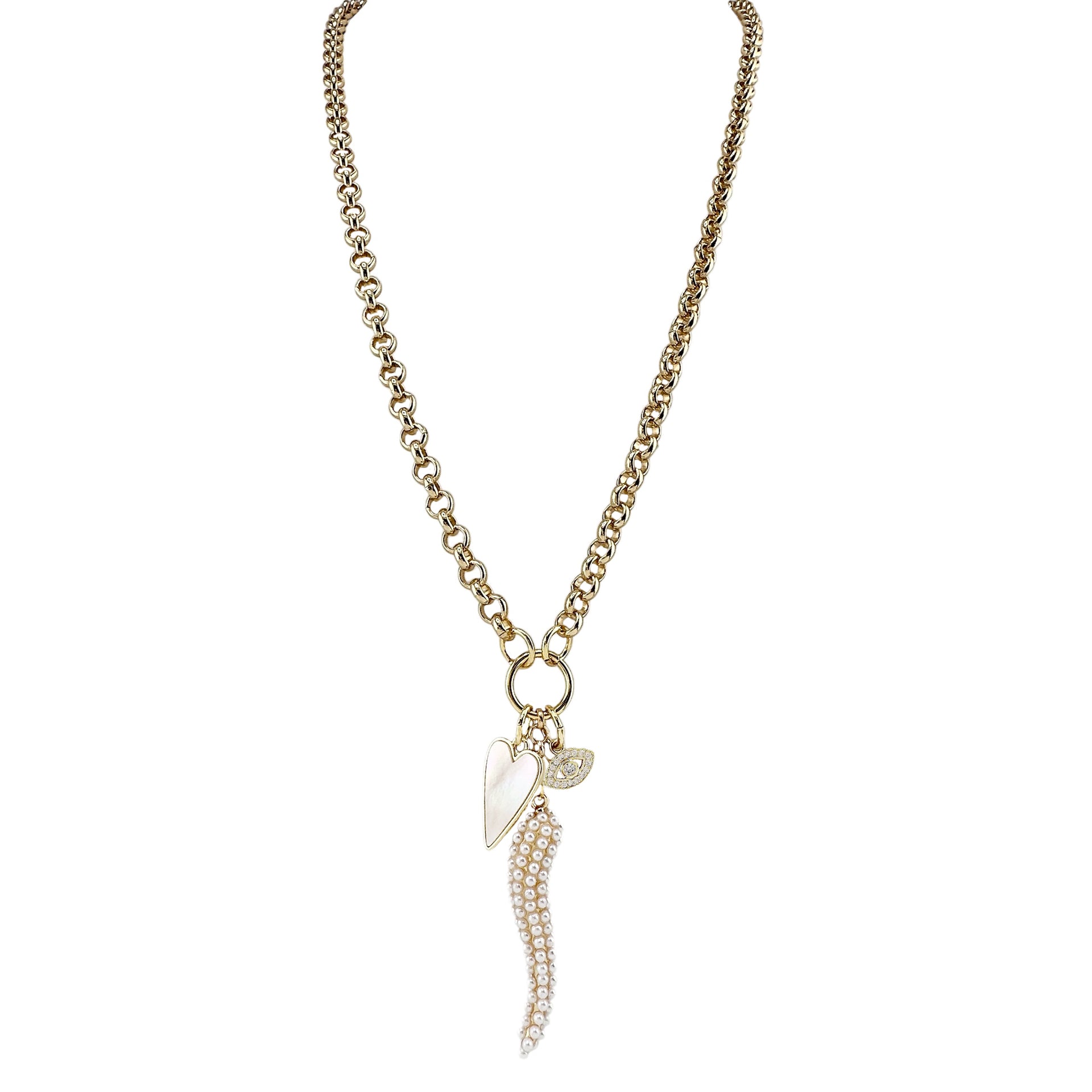 Gold necklace with pearl Italian horn, mother of pearl heart, and evil eye charm on 30-inch chain