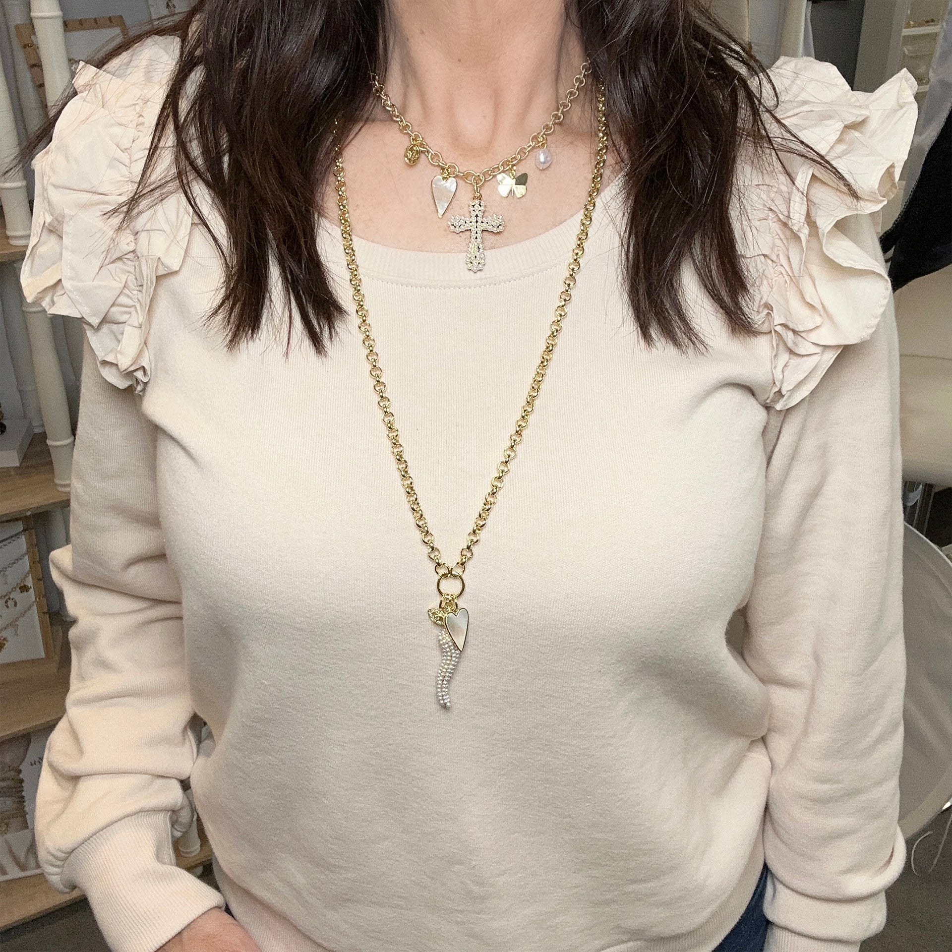 Amalfi Charm Trio Necklace in gold with Italian horn, heart, and evil eye charms