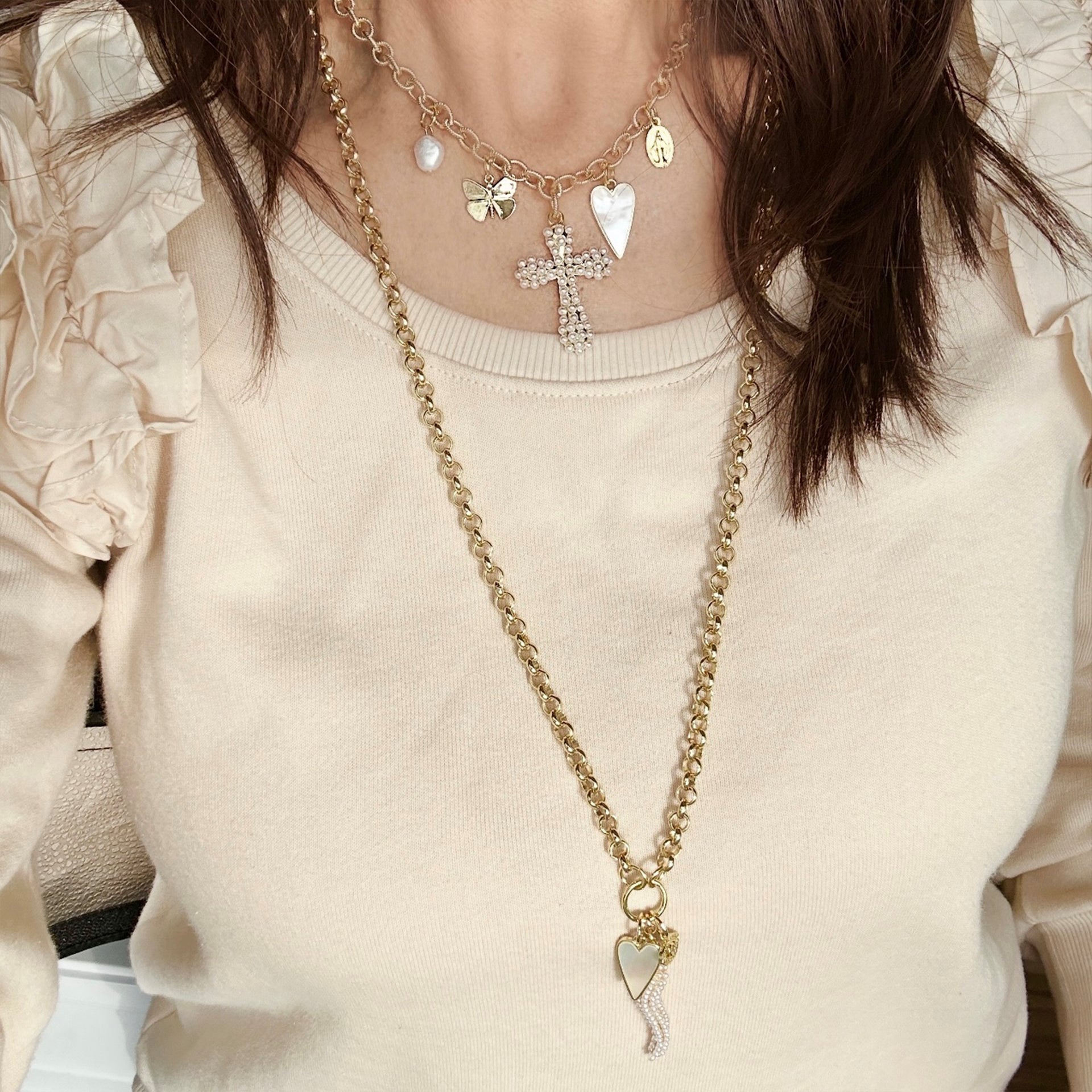 Amalfi charm trio necklace silver with pearl horn heart and evil eye