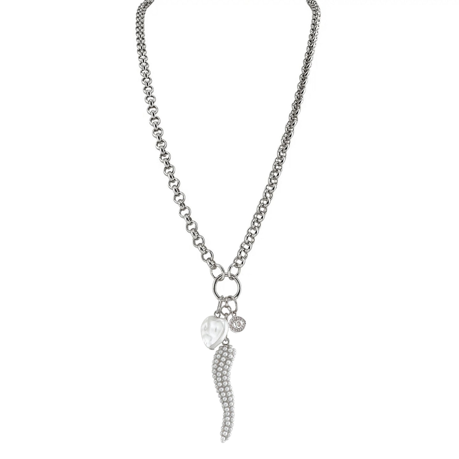 Amalfi Charm Trio Necklace in silver with Italian horn, heart, and evil eye charms