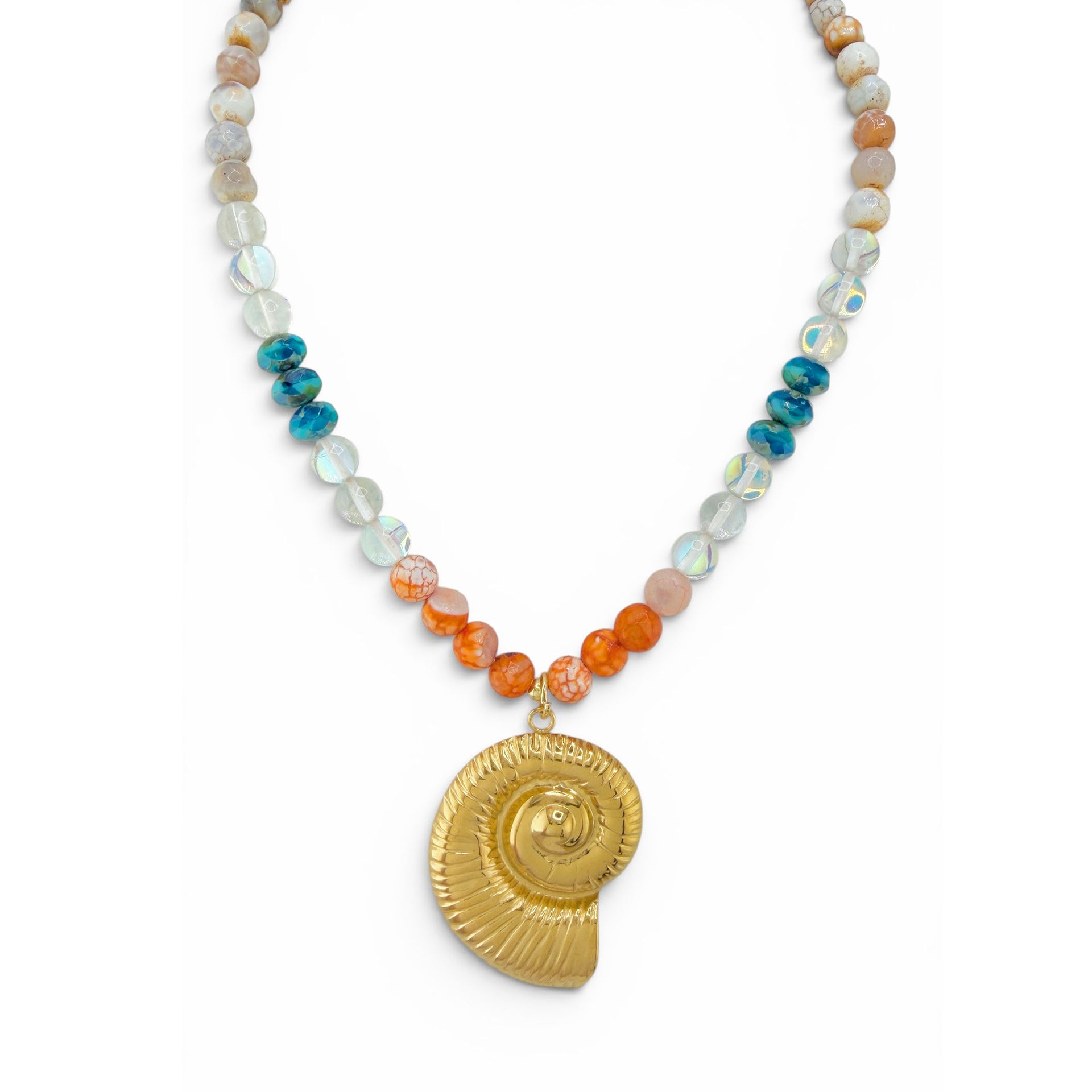 Love Lisa Amalfi shell gemstone necklace in Capri Sunset with coral aqua neutral stones and gold spiral shell pendant