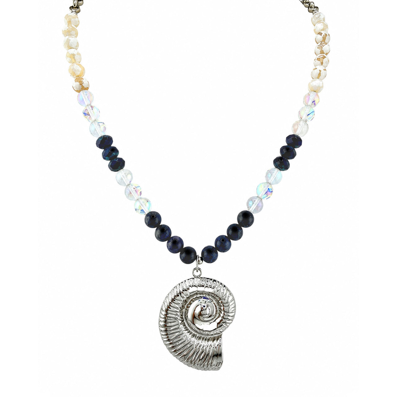 Italian Riviera Amalfi shell gemstone necklace with blue gemstones and silver spiral shell pendant
