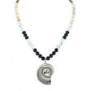 Italian Riviera Amalfi shell gemstone necklace with blue gemstones and silver spiral shell pendant