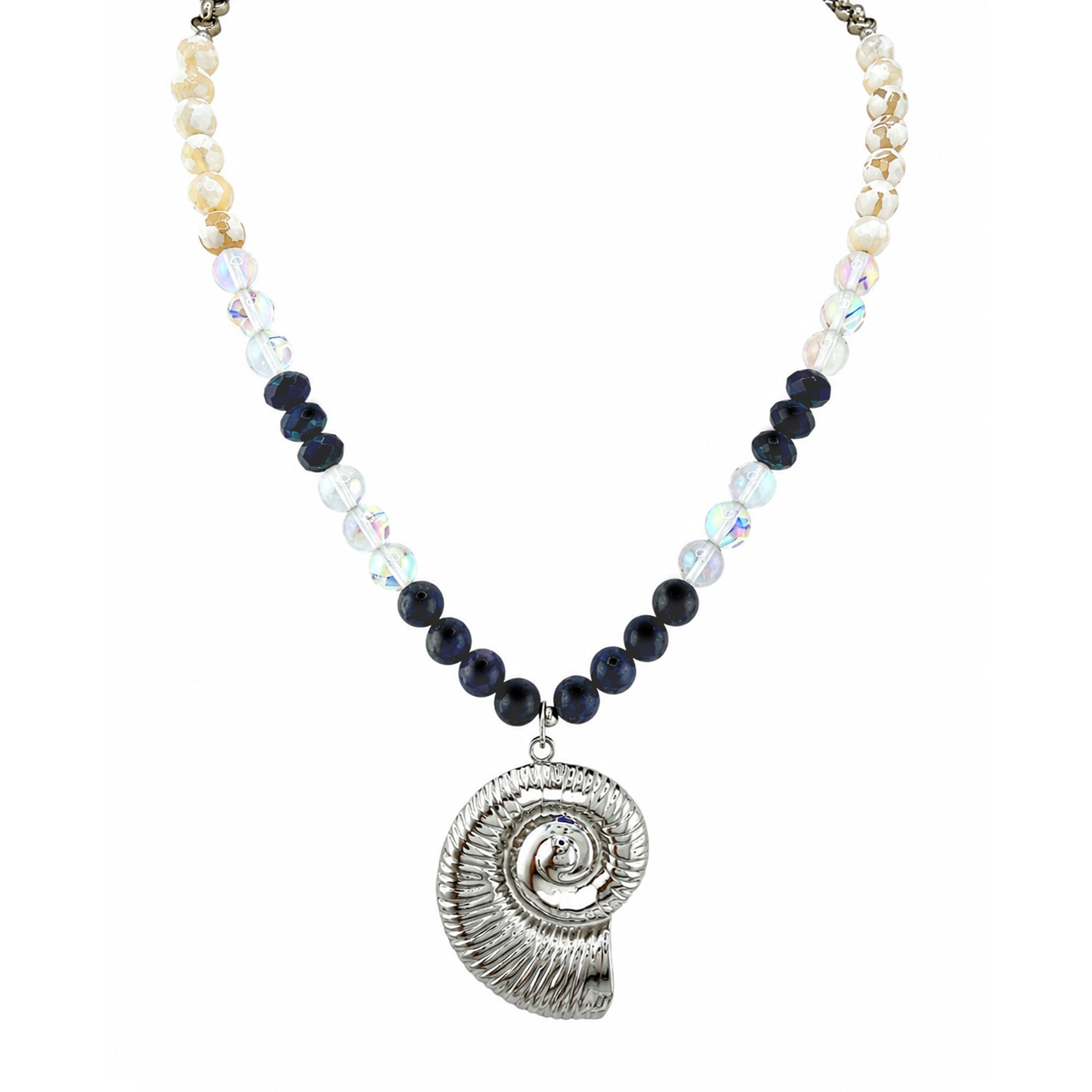 Italian Riviera Amalfi shell gemstone necklace with blue gemstones and silver spiral shell pendant