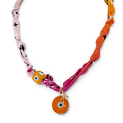 Love Lisa Amalfi talisman bandana necklace with pink and orange fabric evil eye beads and gold palm charm