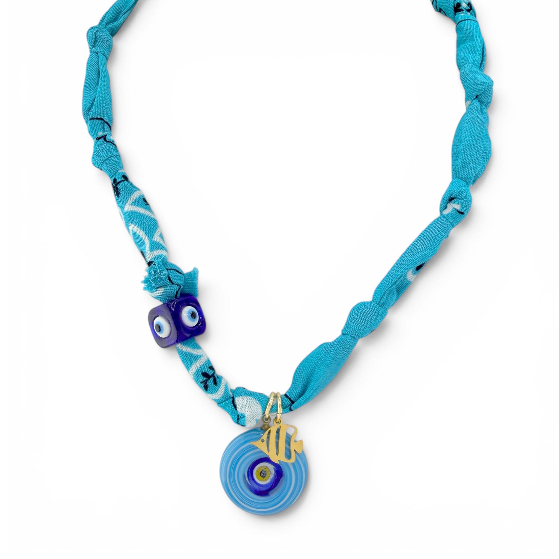 Positano lucky fish talisman bandana necklace with turquoise fabric evil eye beads and gold fish charm